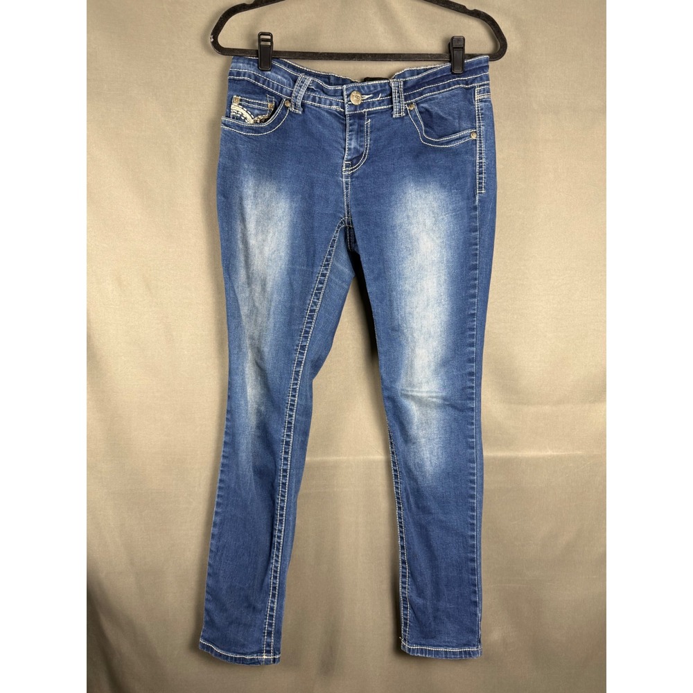 Twentyone Black Jeans Women 7/8S Blue Curvy Low Rise Skinny Embroidered Pockets